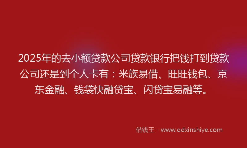 2025年的去小额贷款公司贷款银行把钱打到贷款公司还是到个人卡有：米族易借、旺旺钱包、京东金融、钱袋快融贷宝、闪贷宝易融等。