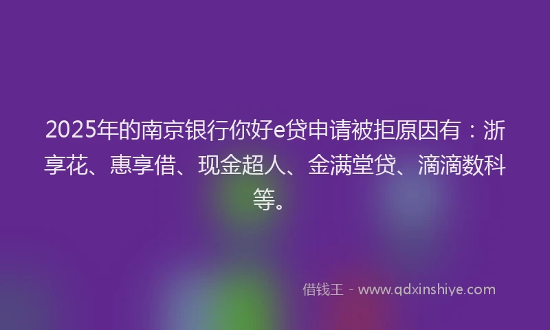 2025年的南京银行你好e贷申请被拒原因有：浙享花、惠享借、现金超人、金满堂贷、滴滴数科等。