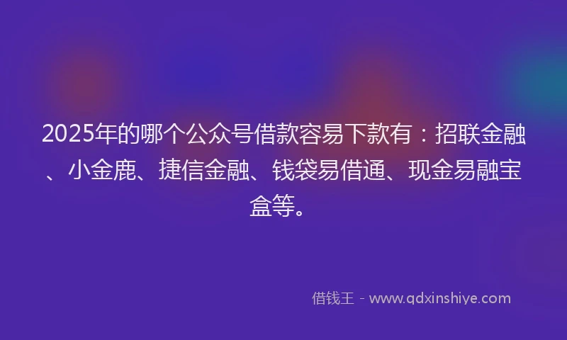 2025年的哪个公众号借款容易下款有：招联金融、小金鹿、捷信金融、钱袋易借通、现金易融宝盒等。