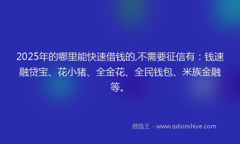 2025年的哪里能快速借钱的,不需要征信有：钱速融贷宝、花小猪、全金花、全民钱包、米族金融等。