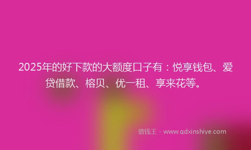 2025年的好下款的大额度口子有：悦享钱包、爱贷借款、榕贝、优一租、享来花等。