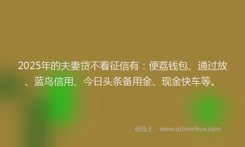 2025年的夫妻贷不看征信有：便荔钱包、通过放、蓝鸟信用、今日头条备用金、现金快车等。