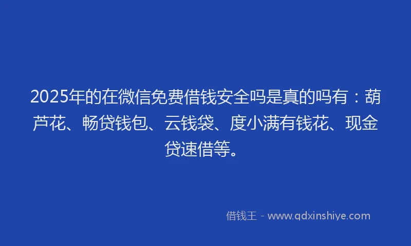 2025年的在微信免费借钱安全吗是真的吗有：葫芦花、畅贷钱包、云钱袋、度小满有钱花、现金贷速借等。