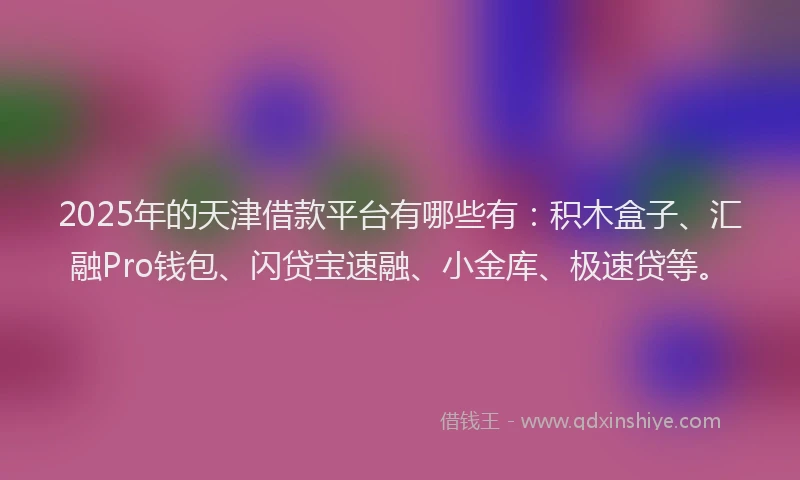 2025年的天津借款平台有哪些有：积木盒子、汇融Pro钱包、闪贷宝速融、小金库、极速贷等。