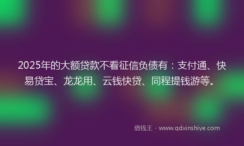 2025年的大额贷款不看征信负债有：支付通、快易贷宝、龙龙用、云钱快贷、同程提钱游等。