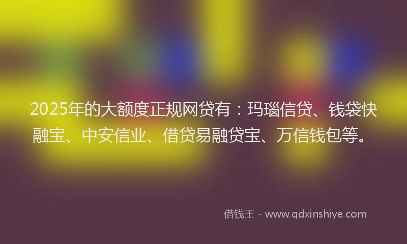 2025年的大额度正规网贷有：玛瑙信贷、钱袋快融宝、中安信业、借贷易融贷宝、万信钱包等。