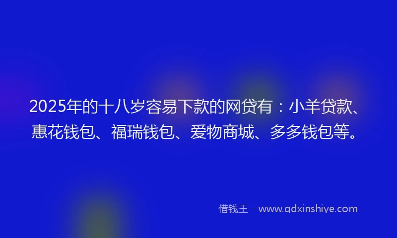 2025年的十八岁容易下款的网贷有：小羊贷款、惠花钱包、福瑞钱包、爱物商城、多多钱包等。