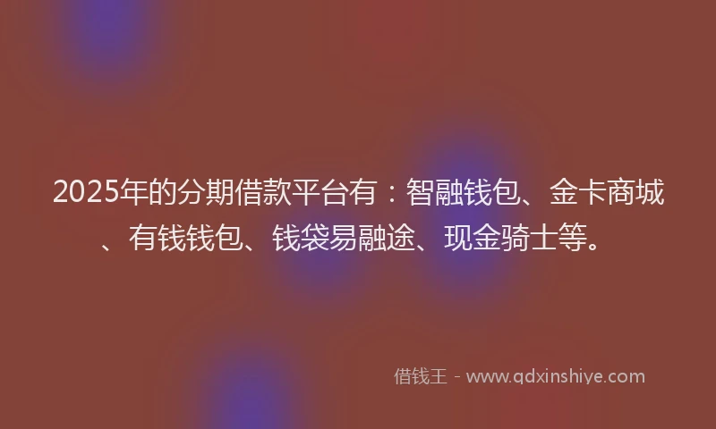 2025年的分期借款平台有：智融钱包、金卡商城、有钱钱包、钱袋易融途、现金骑士等。