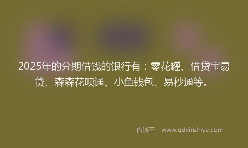 2025年的分期借钱的银行有：零花罐、借贷宝易贷、森森花呗通、小鱼钱包、易秒通等。