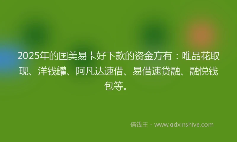 2025年的国美易卡好下款的资金方有：唯品花取现、洋钱罐、阿凡达速借、易借速贷融、融悦钱包等。