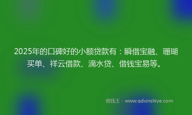 2025年的口碑好的小额贷款有：瞬借宝融、珊瑚买单、祥云借款、滴水贷、借钱宝易等。