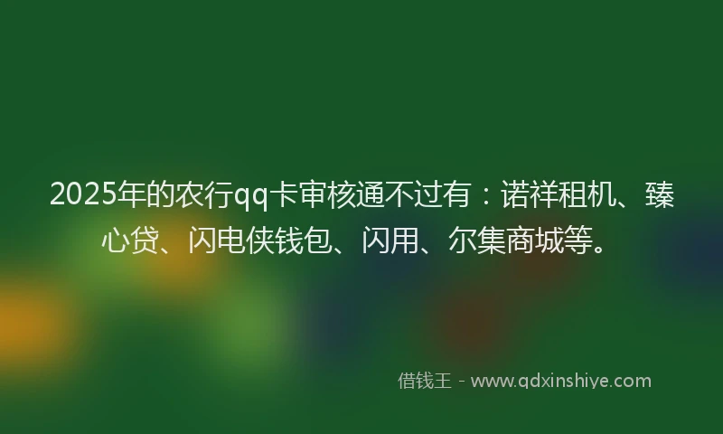 2025年的农行qq卡审核通不过有：诺祥租机、臻心贷、闪电侠钱包、闪用、尔集商城等。