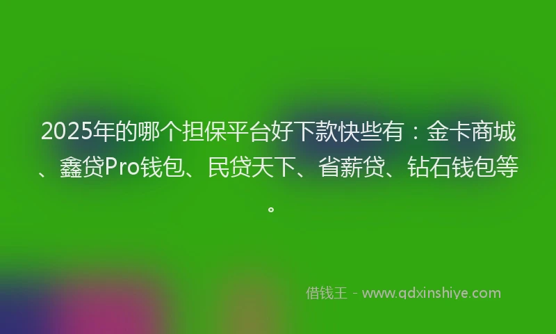 2025年的哪个担保平台好下款快些有：金卡商城、鑫贷Pro钱包、民贷天下、省薪贷、钻石钱包等。