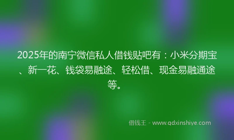 2025年的南宁微信私人借钱贴吧有：小米分期宝、新一花、钱袋易融途、轻松借、现金易融通途等。
