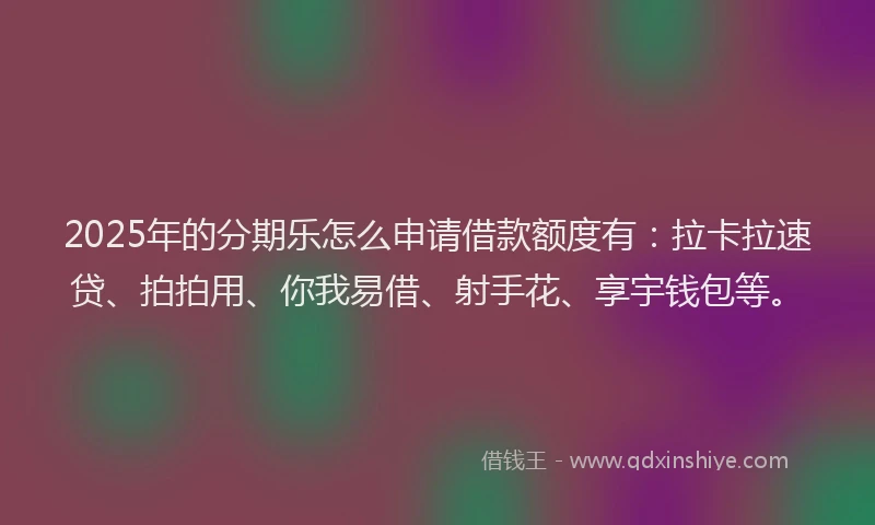 2025年的分期乐怎么申请借款额度有：拉卡拉速贷、拍拍用、你我易借、射手花、享宇钱包等。