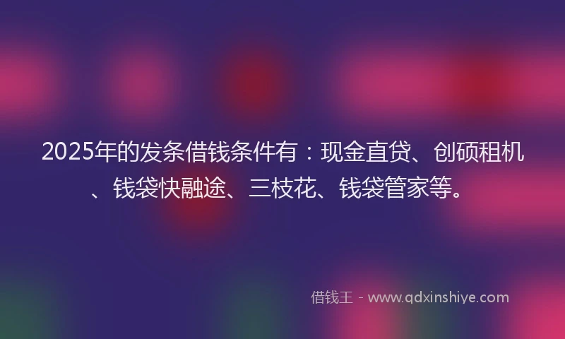 2025年的发条借钱条件有：现金直贷、创硕租机、钱袋快融途、三枝花、钱袋管家等。
