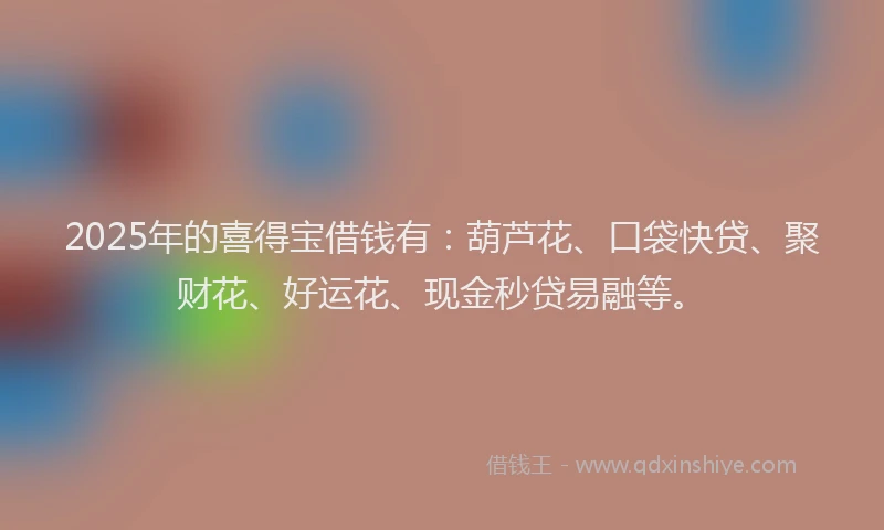 2025年的喜得宝借钱有:葫芦花、口袋快贷、聚财花、好运花、现金秒贷易融等。