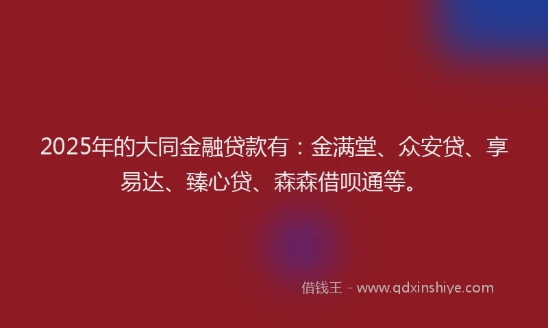 2025年的大同金融贷款有：金满堂、众安贷、享易达、臻心贷、森森借呗通等。