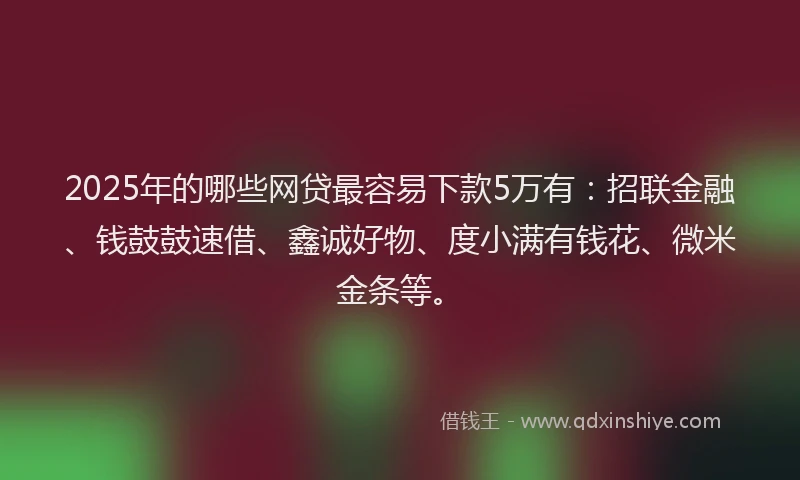 2025年的哪些网贷最容易下款5万有：招联金融、钱鼓鼓速借、鑫诚好物、度小满有钱花、微米金条等。