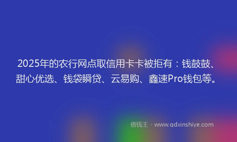 2025年的农行网点取信用卡卡被拒有:钱鼓鼓、甜心优选、钱袋瞬贷、云易购、鑫速Pro钱包等。