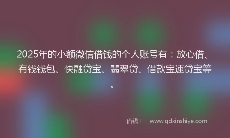 2025年的小额微信借钱的个人账号有：放心借、有钱钱包、快融贷宝、翡翠贷、借款宝速贷宝等。
