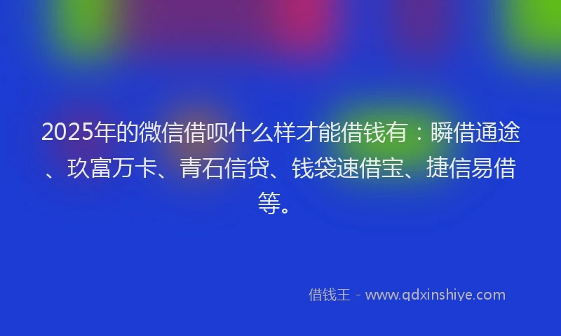 2025年的微信借呗什么样才能借钱有：瞬借通途、玖富万卡、青石信贷、钱袋速借宝、捷信易借等。