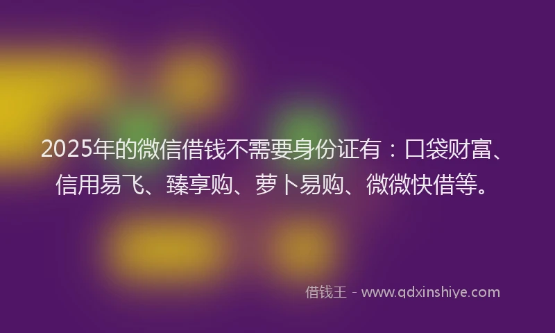 2025年的微信借钱不需要身份证有：口袋财富、信用易飞、臻享购、萝卜易购、微微快借等。