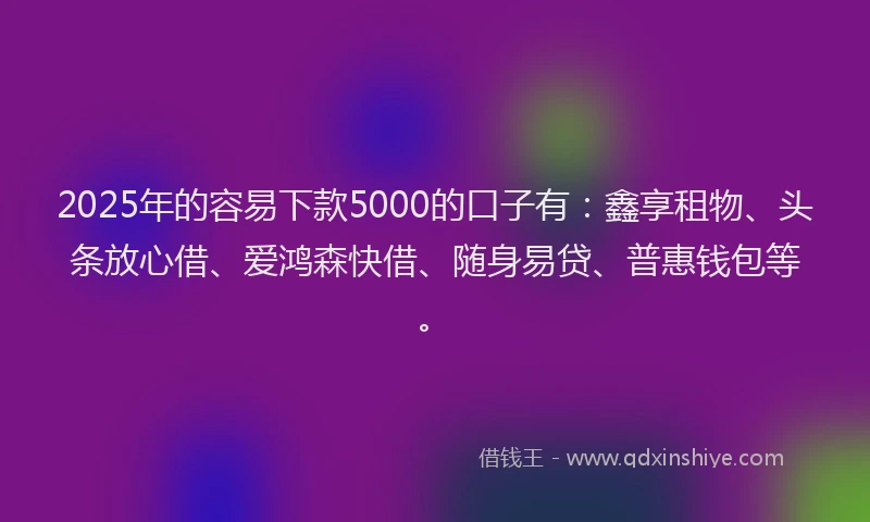 2025年的容易下款5000的口子有：鑫享租物、头条放心借、爱鸿森快借、随身易贷、普惠钱包等。