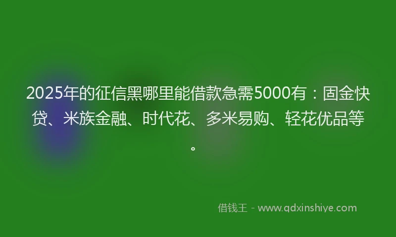 2025年的征信黑哪里能借款急需5000有：固金快贷、米族金融、时代花、多米易购、轻花优品等。