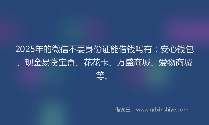 2025年的微信不要身份证能借钱吗有：安心钱包、现金易贷宝盒、花花卡、万盛商城、爱物商城等。