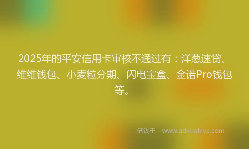 2025年的平安信用卡审核不通过有：洋葱速贷、维维钱包、小麦粒分期、闪电宝盒、金诺Pro钱包等。