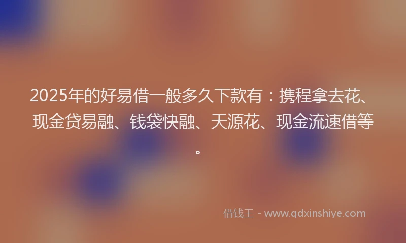 2025年的好易借一般多久下款有：携程拿去花、现金贷易融、钱袋快融、天源花、现金流速借等。