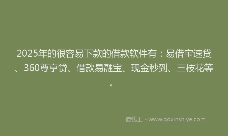 2025年的很容易下款的借款软件有：易借宝速贷、360尊享贷、借款易融宝、现金秒到、三枝花等。