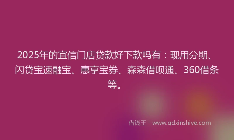 2025年的宜信门店贷款好下款吗有：现用分期、闪贷宝速融宝、惠享宝券、森森借呗通、360借条等。