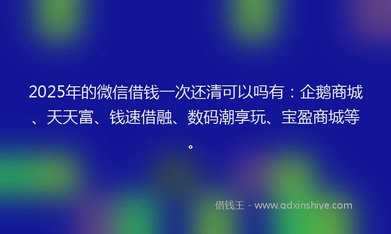 2025年的微信借钱一次还清可以吗有：企鹅商城、天天富、钱速借融、数码潮享玩、宝盈商城等。