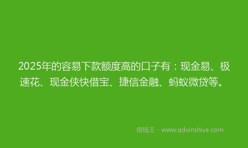 2025年的容易下款额度高的口子有：现金易、极速花、现金侠快借宝、捷信金融、蚂蚁微贷等。