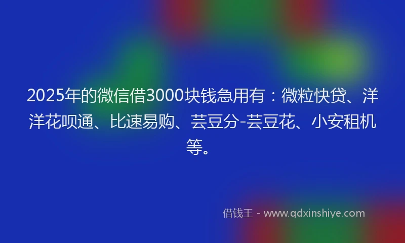 2025年的微信借3000块钱急用有：微粒快贷、洋洋花呗通、比速易购、芸豆分-芸豆花、小安租机等。