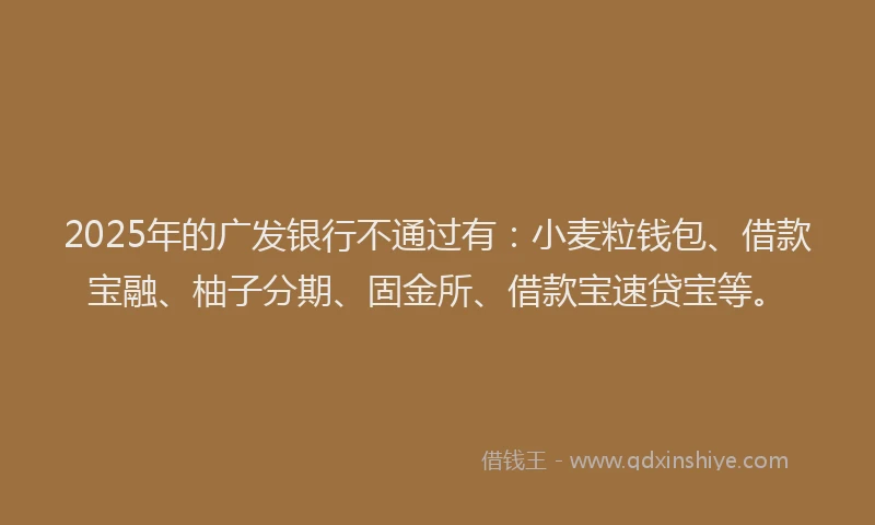 2025年的广发银行不通过有：小麦粒钱包、借款宝融、柚子分期、固金所、借款宝速贷宝等。