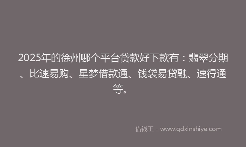 2025年的徐州哪个平台贷款好下款有：翡翠分期、比速易购、星梦借款通、钱袋易贷融、速得通等。