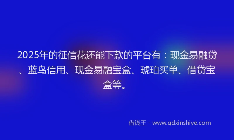 2025年的征信花还能下款的平台有：现金易融贷、蓝鸟信用、现金易融宝盒、琥珀买单、借贷宝盒等。
