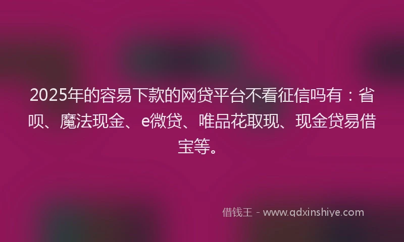 2025年的容易下款的网贷平台不看征信吗有：省呗、魔法现金、e微贷、唯品花取现、现金贷易借宝等。
