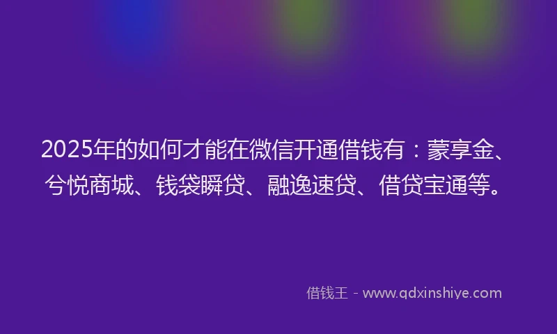 2025年的如何才能在微信开通借钱有：蒙享金、兮悦商城、钱袋瞬贷、融逸速贷、借贷宝通等。