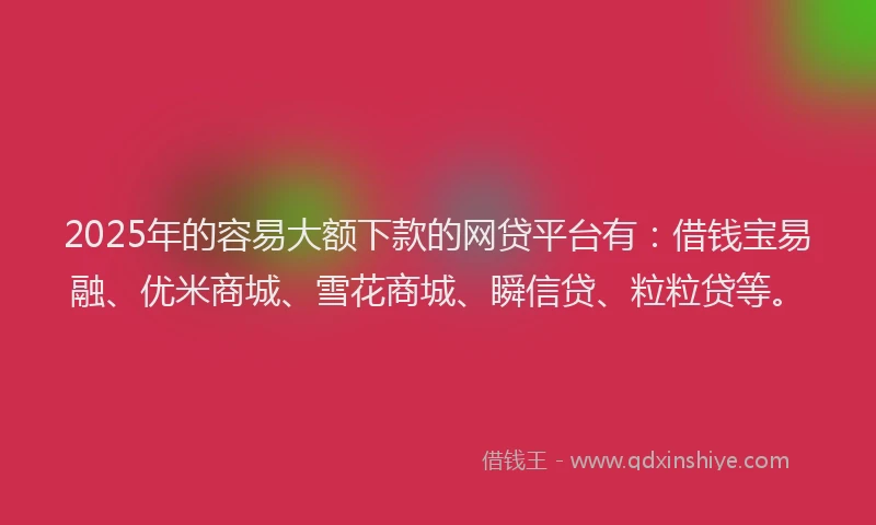2025年的容易大额下款的网贷平台有：借钱宝易融、优米商城、雪花商城、瞬信贷、粒粒贷等。