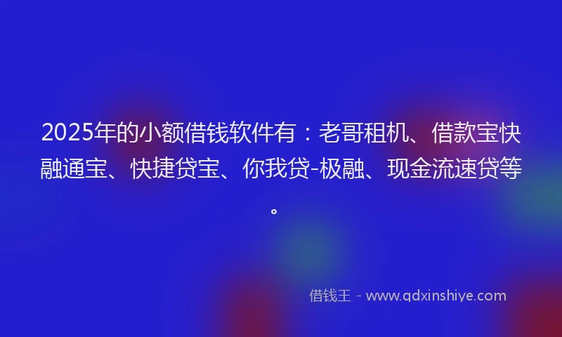 2025年的小额借钱软件有：老哥租机、借款宝快融通宝、快捷贷宝、你我贷-极融、现金流速贷等。