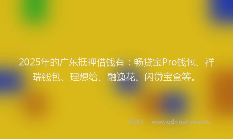 2025年的广东抵押借钱有：畅贷宝Pro钱包、祥瑞钱包、理想给、融逸花、闪贷宝盒等。