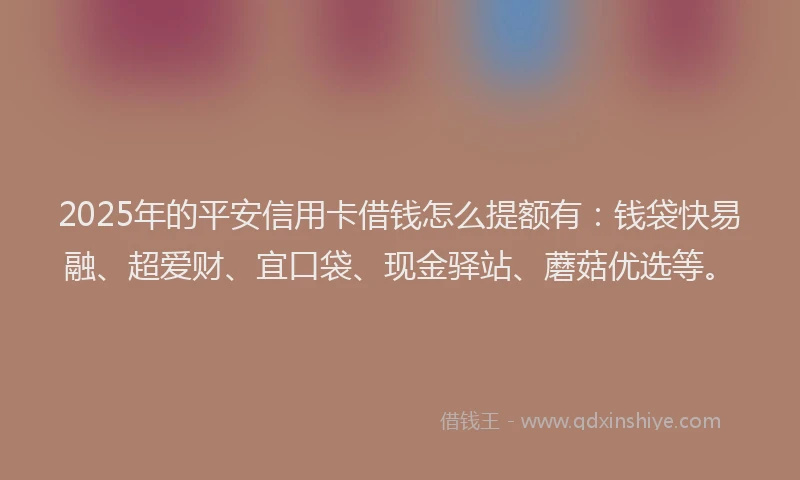 2025年的平安信用卡借钱怎么提额有：钱袋快易融、超爱财、宜口袋、现金驿站、蘑菇优选等。