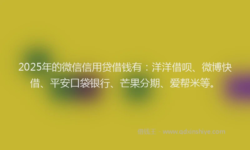 2025年的微信信用贷借钱有：洋洋借呗、微博快借、平安口袋银行、芒果分期、爱帮米等。