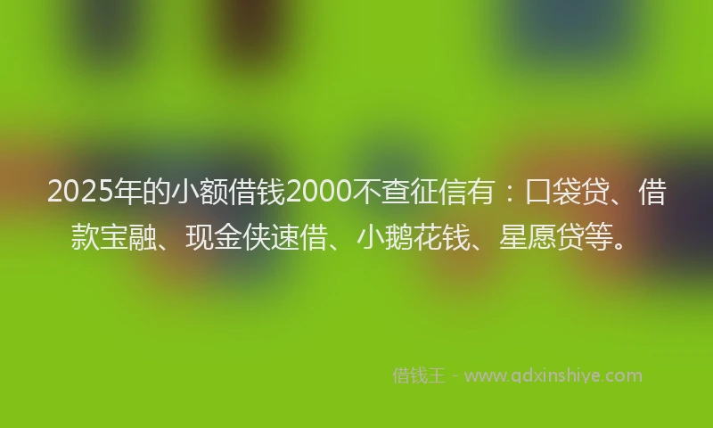 2025年的小额借钱2000不查征信有：口袋贷、借款宝融、现金侠速借、小鹅花钱、星愿贷等。