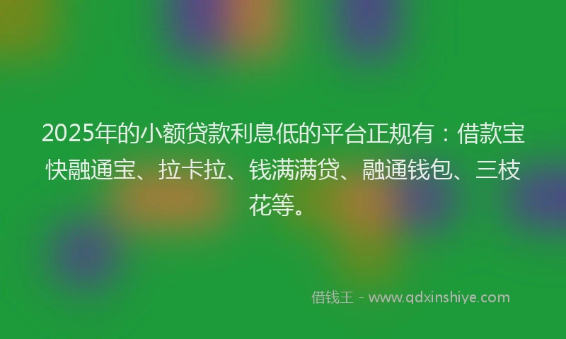 2025年的小额贷款利息低的平台正规有：借款宝快融通宝、拉卡拉、钱满满贷、融通钱包、三枝花等。