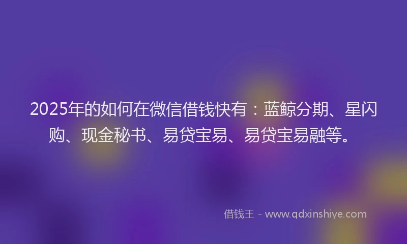 2025年的如何在微信借钱快有：蓝鲸分期、星闪购、现金秘书、易贷宝易、易贷宝易融等。